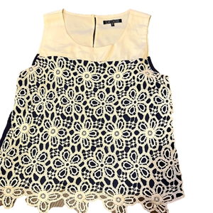 Love Culture Large Cream Navy Blue with Lace Overlay  Sleeveless Blouse